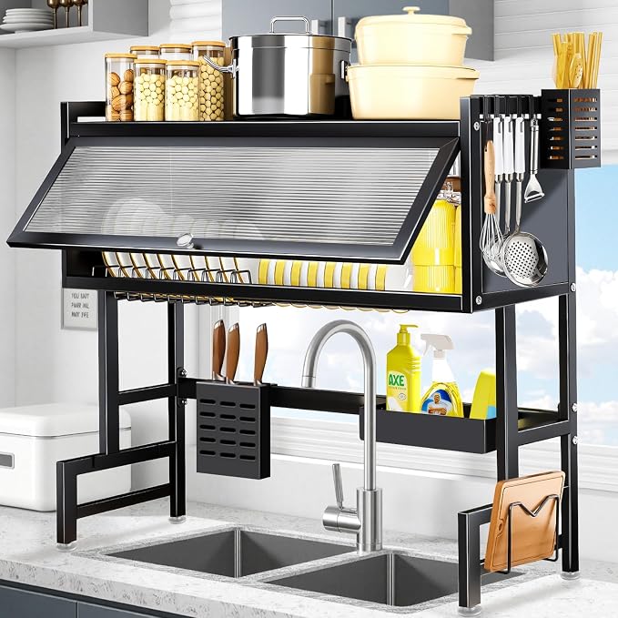 Over the Sink Dish Drying Rack – 3 Tier with Cover, Space-Saving Dish Drainer Organizer for Dishes, Glasses, Bowls & Cutlery, Tidy Kitchen Counter Storage Solution by Unknown