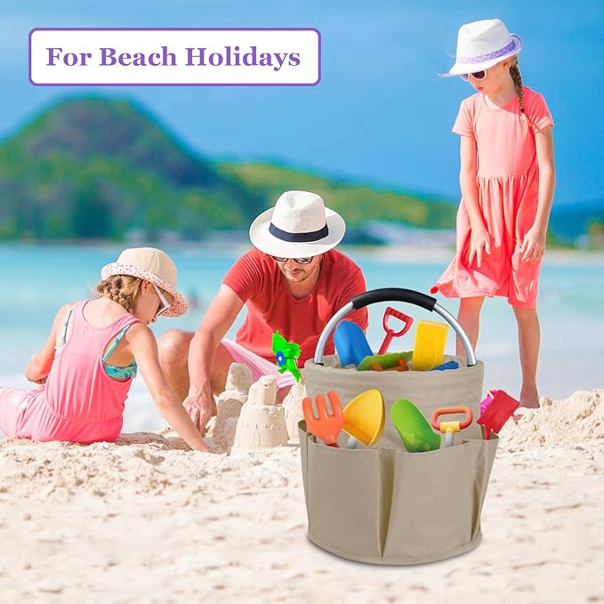 17L Cleaning Supply Caddy with Soft Handle, Portable Shower Caddy in 600D Oxford Fabric, Garden Tool Organizer Bag, Multifunctional Storage Basket for Bathroom, Garden, Khaki - Image 3