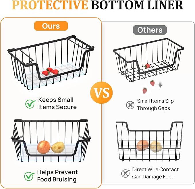 SUNALLY Stackable Storage Bins 4 Pcs Wire Baskets Freezer Organizer, Black | Pantry Organizers Storage, Vegetable Fruit Storage Basket for Countertop, Kitchen Baskets for Onion Potato Snack Cans Storage - Image 3