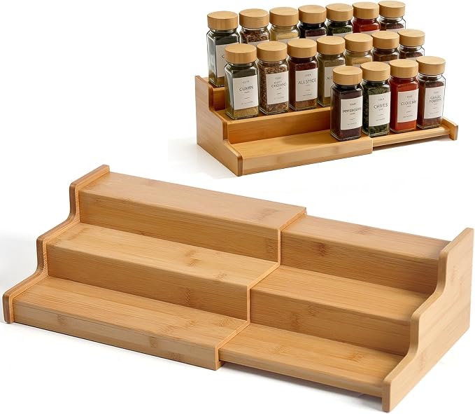 JinDoWin Spice Rack Organizer for Cabinets,Countertop & Pantries | Expandable design, 3-Tier stepped bamboo spice shelf, seasoning organizer, pantry organizers and storage by JinDoWin