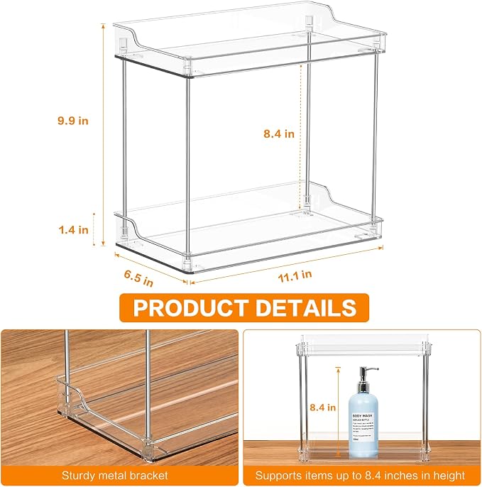 2 Tier Bathroom Counter Organizer, Clear, Rectangular | Tiered Skincare Organizer Bathroom Shelf for Vanity Countertop, Kitchen, Sink Storage, Holds Makeup, Perfume, Beauty Supplies - Image 3