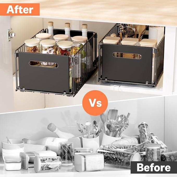 Pull Out Spice Racks for Inside Cabinets, Heavy Duty Under Sink Pull Out Organizer 2 Pack, Slide Out Drawers for Kitchen Cabinets, Bathroom, Pantry Organizers, 14.6”D x 9.6" W x 7" H, Black - Image 7
