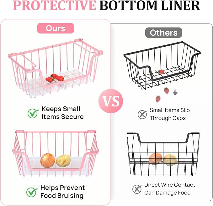 SUNALLY Stackable Storage Bins 6 Pcs Wire Baskets Freezer Organizer, Pink | Pantry Organizers Storage, Vegetable Fruit Storage Basket for Countertop, Kitchen Baskets for Onion Potato Snack Cans Storage - Image 3