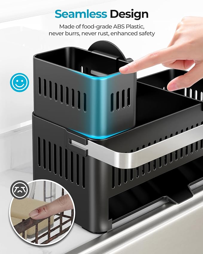 Nieifi Sponge Holder, Black Rustproof ABS Sink Caddy with Towel Rack | Smiley Sponge and Brush Holders with Drainage to Keep Items Dry. 10"W x 4.5"D. Kitchen Counter Organizer & Essential Storage. - Image 2
