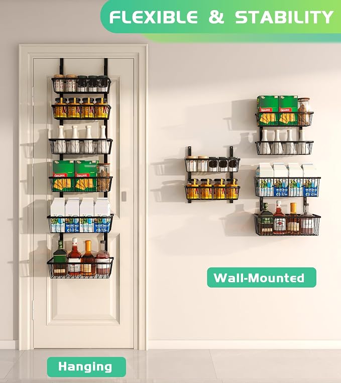 Mefirt 12 Inch Wide Narrow Over The Door Pantry Organizer 6-Tier Black | Pantry Hanging Organizers and Storage, Adjustable Heavy-Duty Metal for Home & Kitchen, Back of Door Seasoning Rack - Image 4