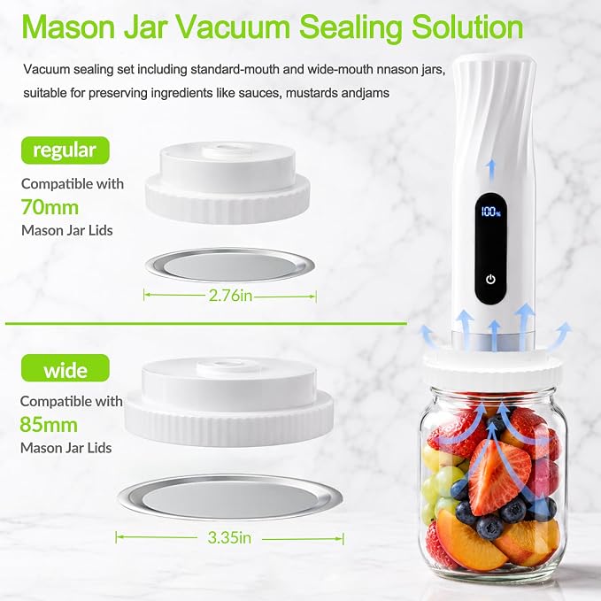 Mason Jar Vacuum Sealer Kit with 2 Sealers, 20 Reusable Lids | (Wide & Regular Mouth), Wine Vacuum Stopper & Opener, Food Storage System for Meal Prep, Pantry, Without Mason Jar - Image 3