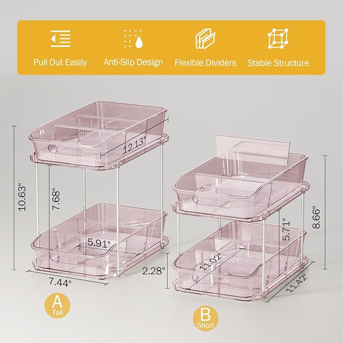 Delamu 2-Tier Under Sink Organizers and Storage, Multi-Purpose Stackable Bathroom Cabinet organizers, Pull Out Kitchen Pantry Organization and Storage with Dividers(2 Pack, Pink) - Image 5