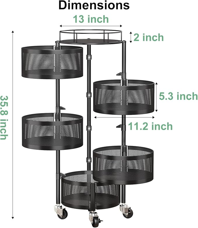 SAYZH 5 Tier Fruit Vegetable Basket Stand for Kitchen, Rotating, Black | Rolling Storage Cart with top lid, Large Metal Wire Rack for Potato and Onion Storage - Image 6