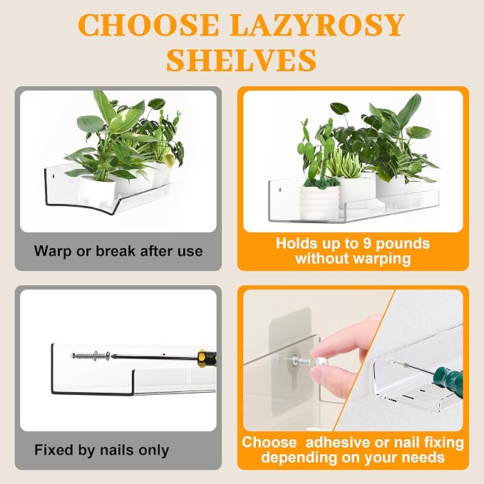 LAZYROSY 4 Pack Floating Shelves – Clear Acrylic/PET Wall-Mounted No Drill Storage with Adhesive, Invisible Bathroom & Bedroom Shelving for Kitchen, Living Room, Transparent Decor - Image 3