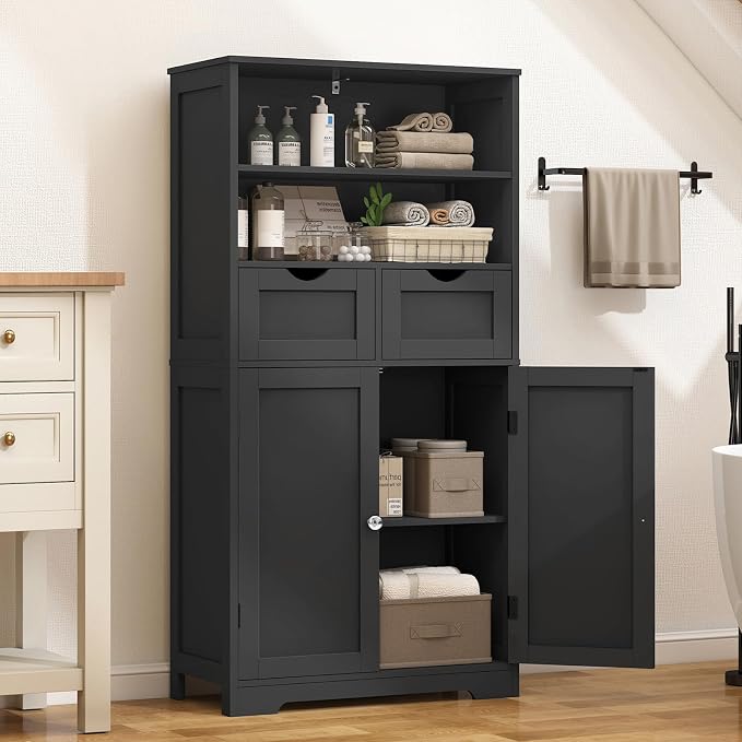 Iwell Tall Storage Cabinet, Black Storage Cabinet & Adjustable Shelves, Bathroom Cabinet for Living Room, Dining Room, Entryway, Black - Image 2