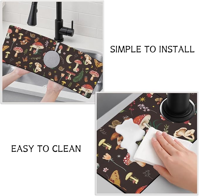 Vintage Black Mushrooms Butterfly Kitchen Sink Splash Guard Faucet Mat,Faucet Non-Slip Absorbent Mat,Farmhouse Sink Splash Guard Behind Faucet for Kitchen Bathroom, 15"x5.5" - Image 4