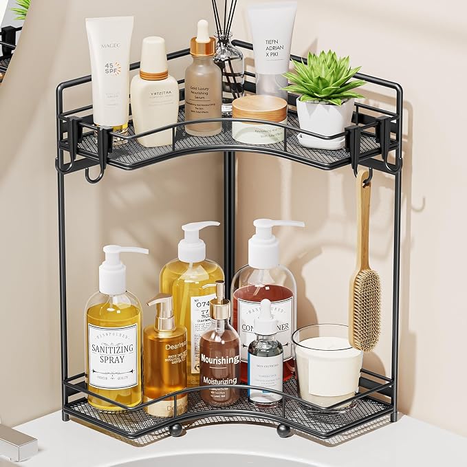 VITVITI 2-Tier Corner Bathroom Counter Organizer, Bathroom Countertop Organizer Storage for Sink, Metal Mesh Makeup Organizer for Vanity Countertop Kitchen with Hooks, Black by VITVITI