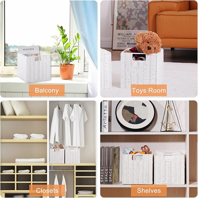 Wicker Storage Basket, Set of 2 Hand-Woven Storage Baskets for Organizing, Foldable Cube Storage Bins, 11 Inch Wicker Storage Baskets for Shelves and Decor, Square Closet Organizer, White - Image 7