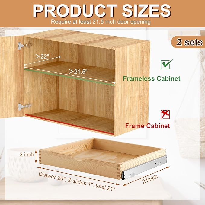 2 Set Wooden Pull out Cabinet Organizer Fully Assembled Slide out Pantry Drawer with Gentle Close Storage Shelf Tray for Base Kitchen Under Sink Bathroom Accessory(Wood Color,21'' X 21'' X 3'') - Image 7