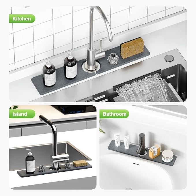 Premium Stone Faucet Mat for Kitchen Sink, 20" x 4" Dark Gray | Quick Drying & Water Absorbent, Sink Splash Guard Tray for Prevents Moisture Buildup - Image 9
