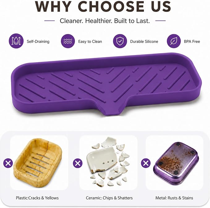 MicoYang Silicone Soap Dish with Drain Spout — Self-Draining Double Sink Organizer Tray for Kitchen & Bathroom, Dispensers, Sponges & Soap Holder, Non-Slip & Dishwasher Safe, Purple (Large, 12"×4") - Image 3