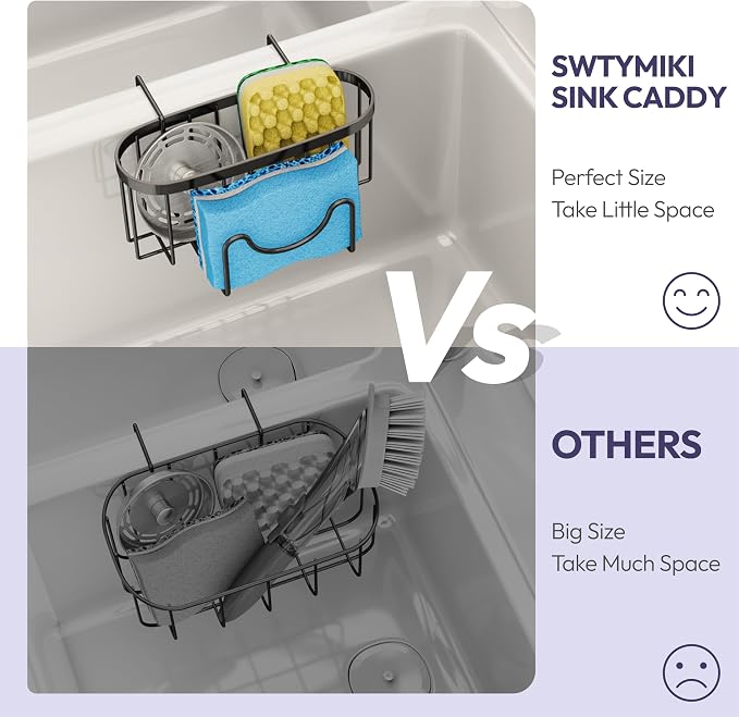 SWTYMIKI Sponge Holder for Kitchen Sink - Movable Kitchen Sink Caddy with M Shape Hook, Stainless Steel Hanging Sponges Caddy Organizer in Double Bowl Sinks Depth>3.15in, Middle Divider<1.5in, Black - Image 4