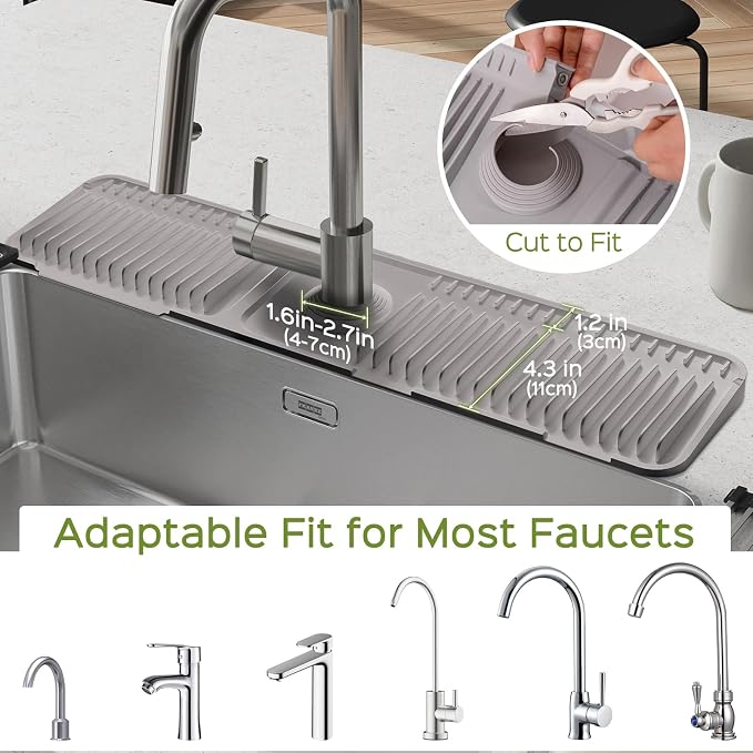 24 Inch Silicone Faucet Mat for Kitchen Sink Splash Guard – 2025 Upgraded Draining Mat with Water Tray Behind Faucet – Countertop Protectors to Catch Spills (Gray, 24" x 5.5" ) - Image 6