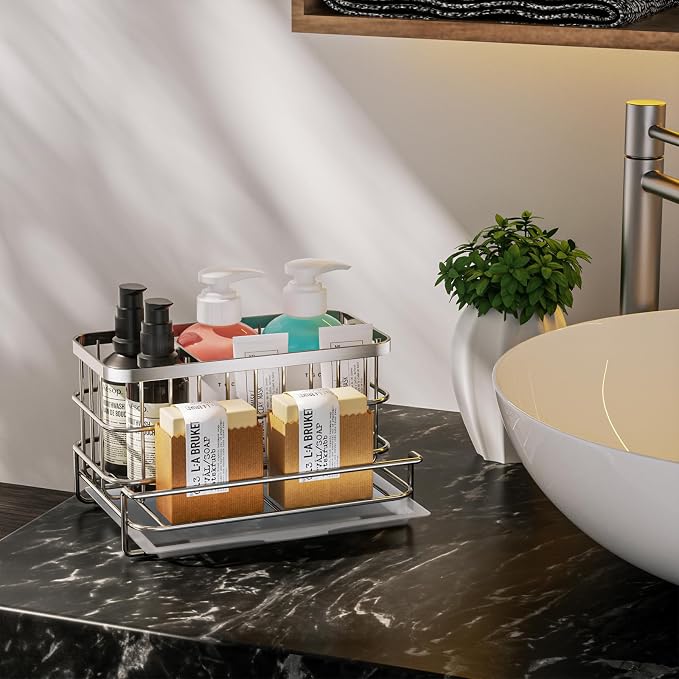 HapiRm Kitchen Sink Organizer, SUS304 Stainless Steel Rustproof Multifunctional Large Sink Caddy with Sponge Holder and Drain Tray for Kitchen Countertop (Silver) - Image 7