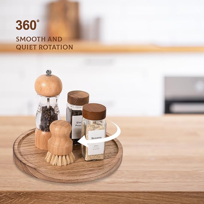 Wood Lazy Susan Turntable Kitchen Decor Round Table Tray, 9" Brown | Waterpoof, Easy clean, Non-slip, Rotating Wooden Decorative Pantry Table Tray for Seasoning, spice, snack - Image 4