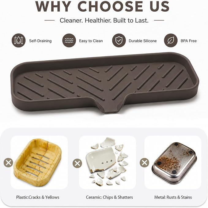 MicoYang Silicone Soap Dish with Drain Spout — Self-Draining Double Sink Organizer Tray for Kitchen & Bathroom, Dispensers, Sponges & Soap Holder, Non-Slip & Dishwasher Safe, Coffee (Large, 12"×4") - Image 3