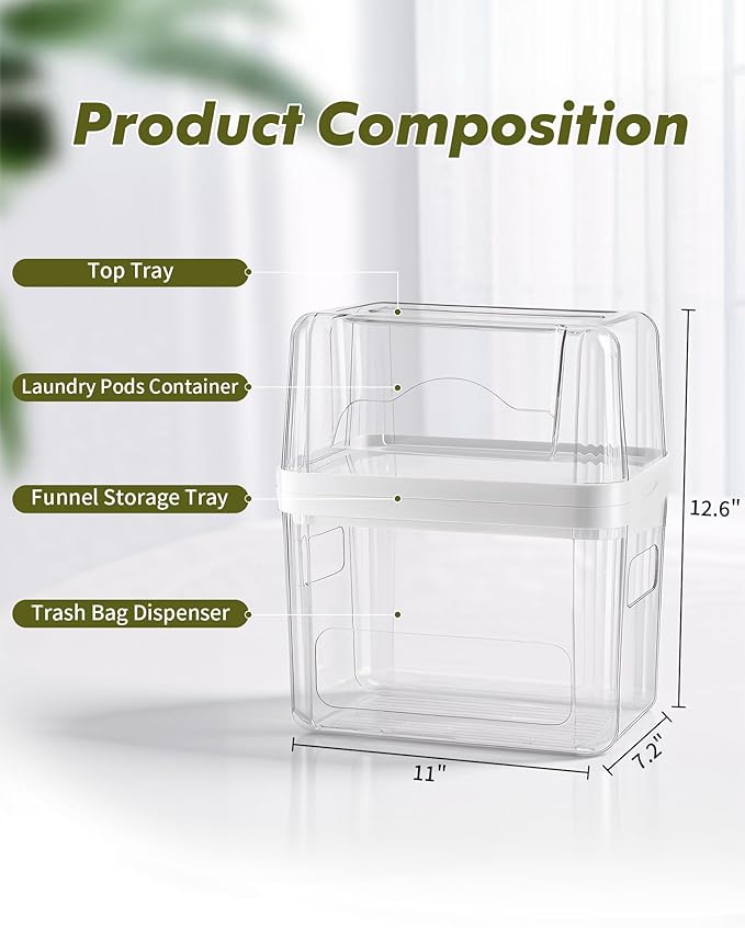 iCASA Trash Bag Dispenser Dishwasher Pods Container Under Sink Organizer | 3 in 1 Stackable Trash Bag Holder Garbage Bag Dispenser for 13/30/33 Gallon Bags, Clear Storage Bins Laundry Pods Container - Image 3