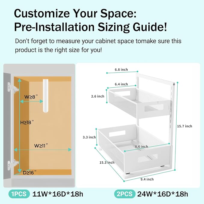 Petiza Under Sink Organizer Adjustable Height 2 Tier Bathroom Organizer Pull Out Cabinet Organer kitchen organizers and storage fridge organizers and storage,White,XL-1 Pack - Image 2
