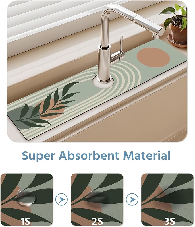 Patterned Sink Faucet Mat Kitchen Splash Guard Super Absorbent Drying Mat, Non-Slip Drain Pad for Kitchen Counter or Bathroom-24x5.5in - Image 5