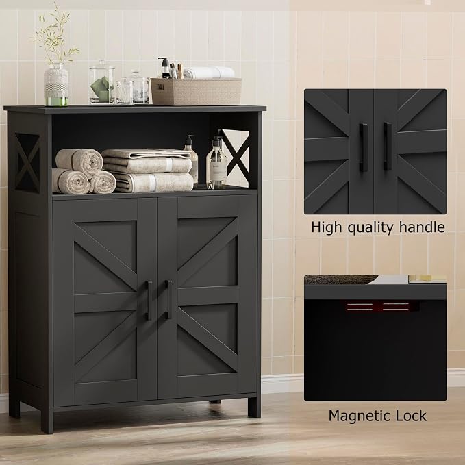 Homhedy Farmhouse Bathroom Storage Cabinet with Doors, Small Floor Cabinet | Toilet Paper Cabinet with Adjustable Shelf, Freestanding Storage Cabinet for Kitchen/Laundry/Living Room, 24"W, Black - Image 5