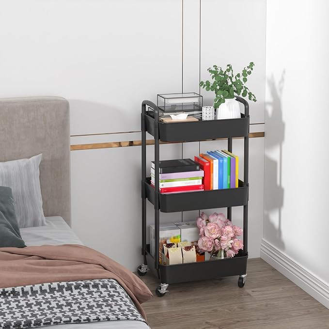 Sywhitta 3-Tier Plastic Rolling Utility Cart with Handle, Multi-Functional Storage Trolley for Office, Living Room, Kitchen, Movable Storage Organizer with Wheels, Black (Pack of 2) - Image 6