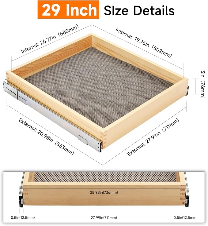 Pull Out Kitchen Drawer Cabinet organizer, 29"W x 21"D Cabinet Drawer,Soft Close Slide Out Wood Shelves Storage for Kitchen Heavy-Duty, Bottom Assembly (1 Tier) - Image 2
