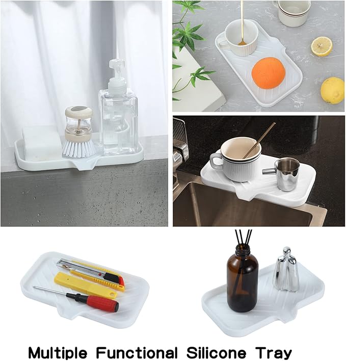 MicoYang Silicone Soap Dish with Drain Spout — Self-Draining Sink Organizer Tray for Bathroom & Kitchen, Sponges, Dispensers & Soap Holder, Non-Slip & Dishwasher Safe, White (Medium, 9.6"×5.3") - Image 5