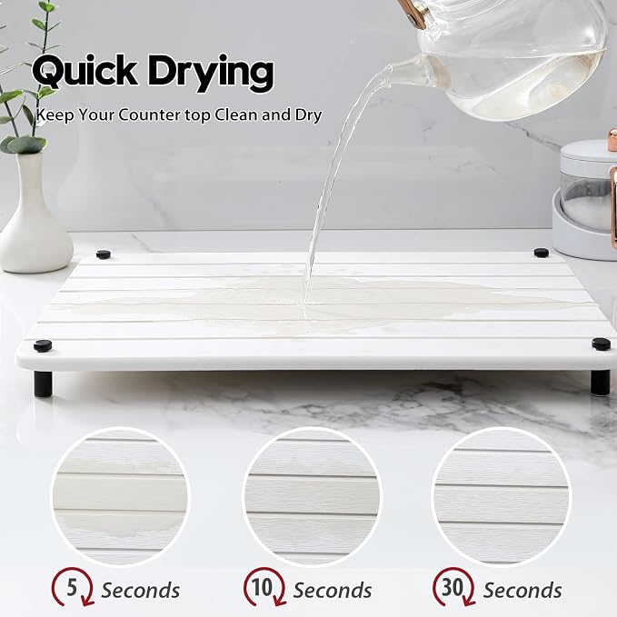 Stone Dish Drying Mat for Kitchen Counter, Water Absorbing Bathroom Tray Sink Organizer, Diatomaceous Earth Countertop Dish Rack Riser Sponge Holder Soap Dish, White, 16" x 12" - Image 6