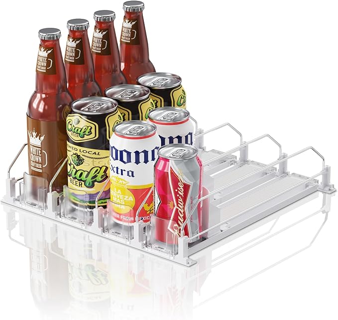 Drink Organizer for Mini Fridge (Fits Depth ≥ 12.2"), 12oz 16oz 20oz Soda Can Dispenser, Width Adjustable Automatic Pusher Glide, 12.2" D 4ROW Holds 16 Cans, White by LOVEFORBETTERLIFE