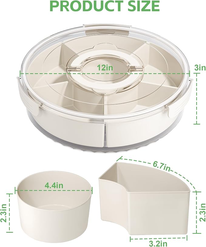 Divided Rotating Serving Tray with Lid and Handle, Portable Snackle Box for Fruits Snacks Veggie Charcuterie, Clear Lazy Susan Organizer and Fridge Storage Container for Adults Child (1PCS,12" L - Image 2