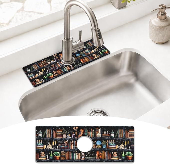 Halloween Kitchen Sink Splash Guard Faucet Mat,Black Witches Bookshelf Skulls Halloween Faucet Non-slip Absorbent Mat,Farmhouse Sink Splash Guard Behind Faucet for Kitchen Bathroom,15"x5.5" by puwbnhj