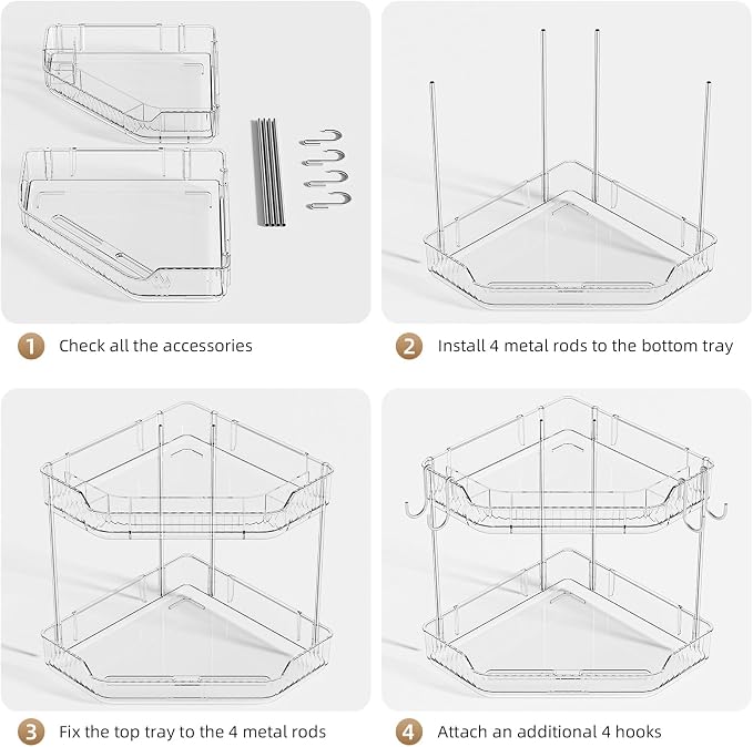VITVITI 2 Tier Corner Bathroom Counter Organizer, Bathroom Countertop Organizer Storage for Sink, Plastic Makeup Organizer for Vanity Countertop Kitchen with Hooks, Clear - Image 2