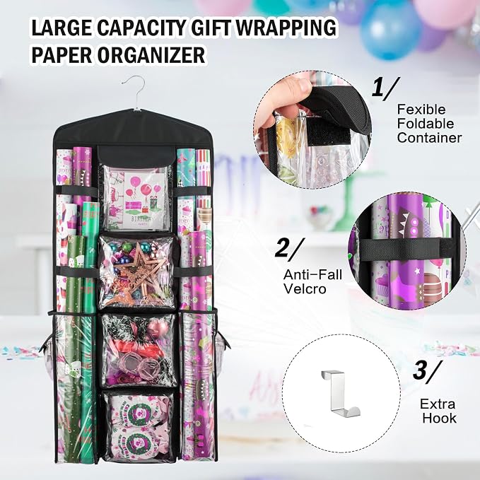Christmas Wrapping Paper Organizer Storage, Hanging Gift Bag Storage Organizer, Double-Sided Wrapping Paper Holder Storage - Black - Image 7