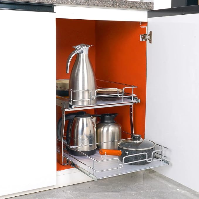 VEVOR 2 Tier 17"Wx21.2"Dx15.2"H Pull Out Cabinet Organizer, Heavy Duty Slide Out Pantry Shelves, Steel Roll Out Drawers, Sliding Drawer Storage for Home, 18.5"Wx22.5"Dx19"H Install Size for Cabinet - Image 7