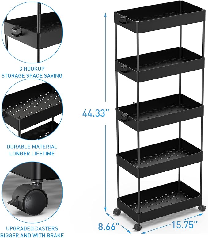 SPACEKEEPER 5 Tier Storage Rolling Cart, Bathroom Cart with Wheels, Black | Mobile Storage Cart for Laundry Room Organization,Kitchen,Office,Bathroom, Utility Cart for Snack,Craft,Art,Makeup,Nail,Toys - Image 3