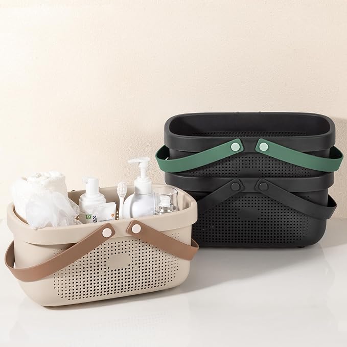 Portable Shower Caddy Basket with Handle Plastic Storage Basket Black Green | Sturdy Drainage Large Capacity Organizer Basket with Silicone Handles for Bathroom Kitchen Bedroom College Dorm Essentials - Image 7