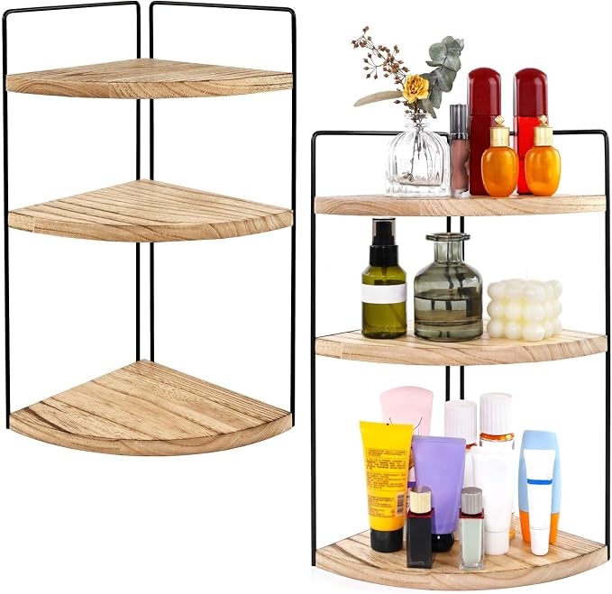 Corner Bathroom Counter Organizer Countertop Brown, 2 Pack 3 Tier Corner Shelf Wood Vanity Tray Easy Assembly Space Saving Shelf for Kitchen, Bathroom, Dresser, Makeup, Office by Unknown
