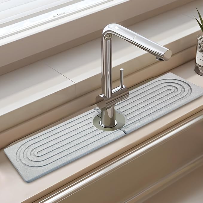 Jiozermi 23.6" Diatomite Faucet Mat for Kitchen Sink, Light Grey | Diatomite Stone Sink Tray, Faucet Sink Splash Guard, Absorbent Mat, For Kitchen Bathroom Faucet Sink, 23.6" x 3.9" by Jiozermi