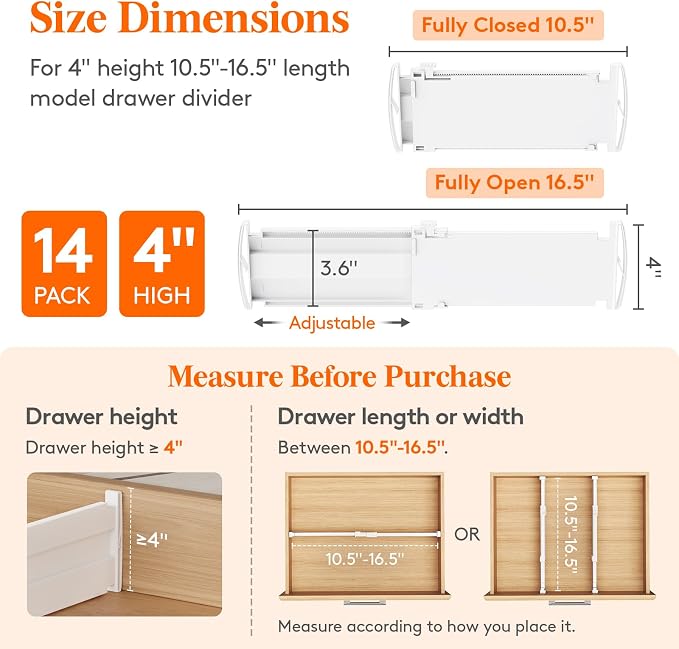 Lifewit 14 Pack 4" High Drawer Divider, Adjustable Drawer Organizer Clothes | 10.5"-16.5" Expandable White Plastic Separators for Dresser, Kitchen, Cabinet, Nursery, Office, Socks & Underwear Storage - Image 2