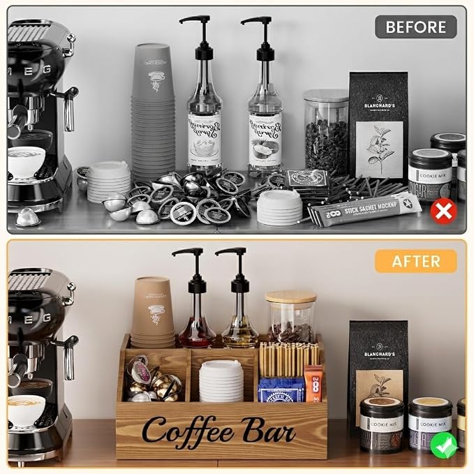 Coffee Station Organizer for Countertop – Wooden Coffee Bar Organizer with Adjustable Dividers,Holds K Cup Pod & syrup bottles, for Kitchen, Office, or Bar and Tea Station, Brown - Image 6