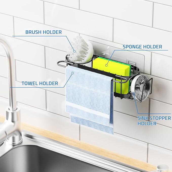 Cisily Kitchen Sink Caddy Sponge Holder in The Sink, Stainless Steel Kitchen Sink Organizer, Brush Holder, Dish Cloth Hanger, Sink Stopper Holder (Hanging-Black) - Image 6