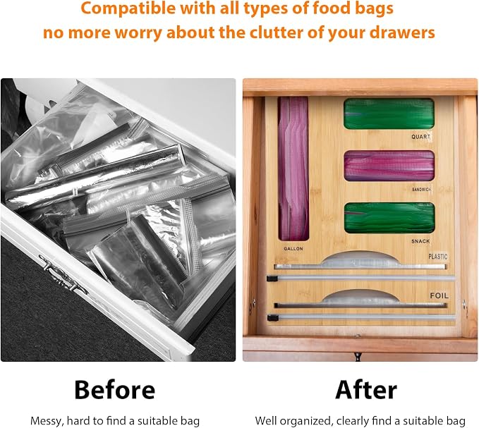 Storage Bag Organizer with Foil and Plastic Wrap Organizer , Aluminum Foil Dispenser with Cutter, Bamboo 6 in 1 Baggie Organizer Suitable for Gallon, Quart, Sandwich, Snack - Image 2