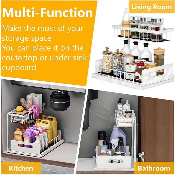 Ceetug Slide Out Under Sink Organizers and Storage, White, 2 Pack | 2 Tier, Sturdy Metal, Cabinet Organizer, for Kitchen Bathroom - Image 5