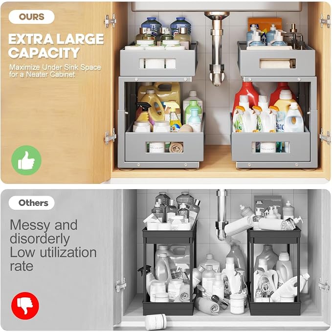 1 Pack 17IN Depth Under Sink Organizer, 2-Tier Pull Out Cabinet Organizer With Smooth Circular Rail, Large Capacity Metal Mesh Sliding Drawers For Bathroom& Kitchen Storage,Height Adjustable-Gun Gray - Image 4
