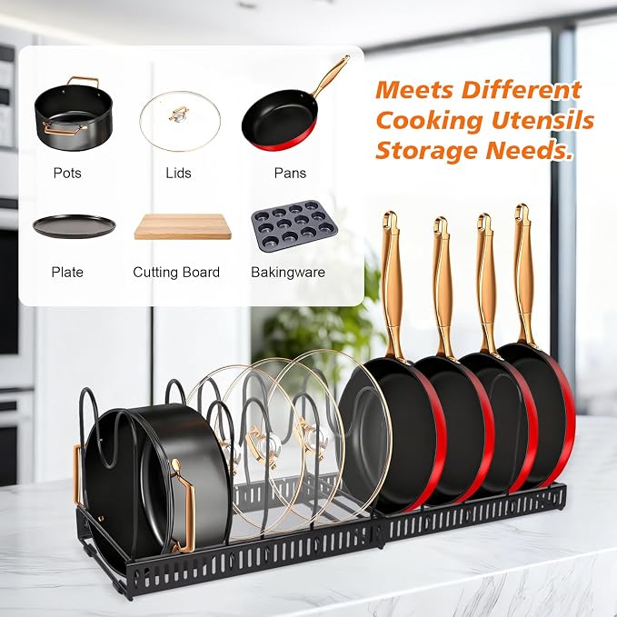 Expandable Pot Pan Lid Organizers inside Cabinet, 13 Dividers | Expandable 11.8–22.9", 13 Adjustable Dividers, Tool-Free Assembly, Non-Slip, For Pan Lid Cutting Board Bakeware-Black - Image 3